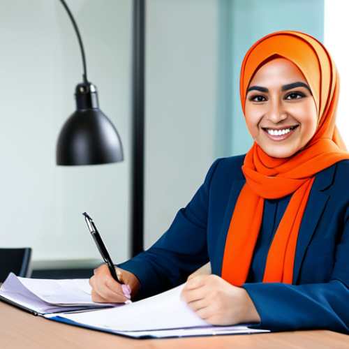 **

"A professional businesswoman in a modest business suit, hijab optional, smiling warmly while reviewing documents at a clean, modern desk in a bright office setting, fully clothed, appropriate attire, safe for work, perfect anatomy, natural proportions, professional photography, high quality, family-friendly, appropriate content."

**