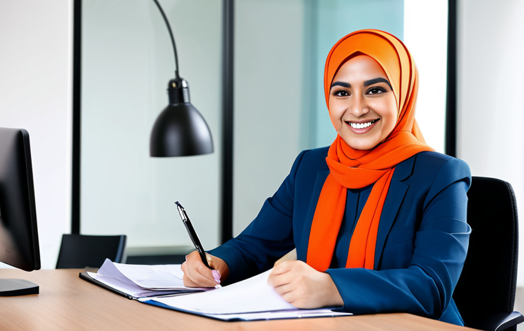 **

"A professional businesswoman in a modest business suit, hijab optional, smiling warmly while reviewing documents at a clean, modern desk in a bright office setting, fully clothed, appropriate attire, safe for work, perfect anatomy, natural proportions, professional photography, high quality, family-friendly, appropriate content."

**