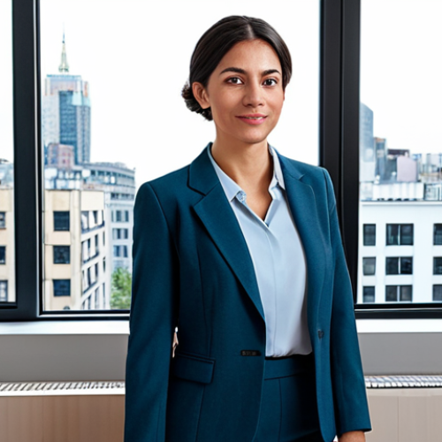 **

A fully clothed professional woman in modest business attire, standing in a renovated apartment in the heart of the city. The apartment features a modern design with large windows and high-quality finishes. Background shows a bustling city street scene. Safe for work, appropriate content, perfect anatomy, natural proportions, professional photography.

**