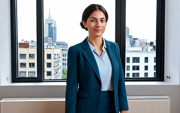 **

A fully clothed professional woman in modest business attire, standing in a renovated apartment in the heart of the city. The apartment features a modern design with large windows and high-quality finishes. Background shows a bustling city street scene. Safe for work, appropriate content, perfect anatomy, natural proportions, professional photography.

**