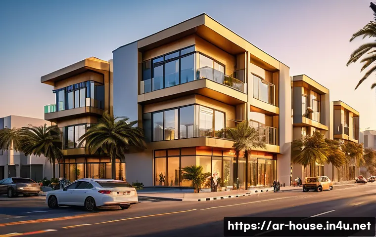 재건축 아파트 투자법 - A modern Middle Eastern urban neighborhood scene at sunset, showcasing a recently fully rebuilt apar...