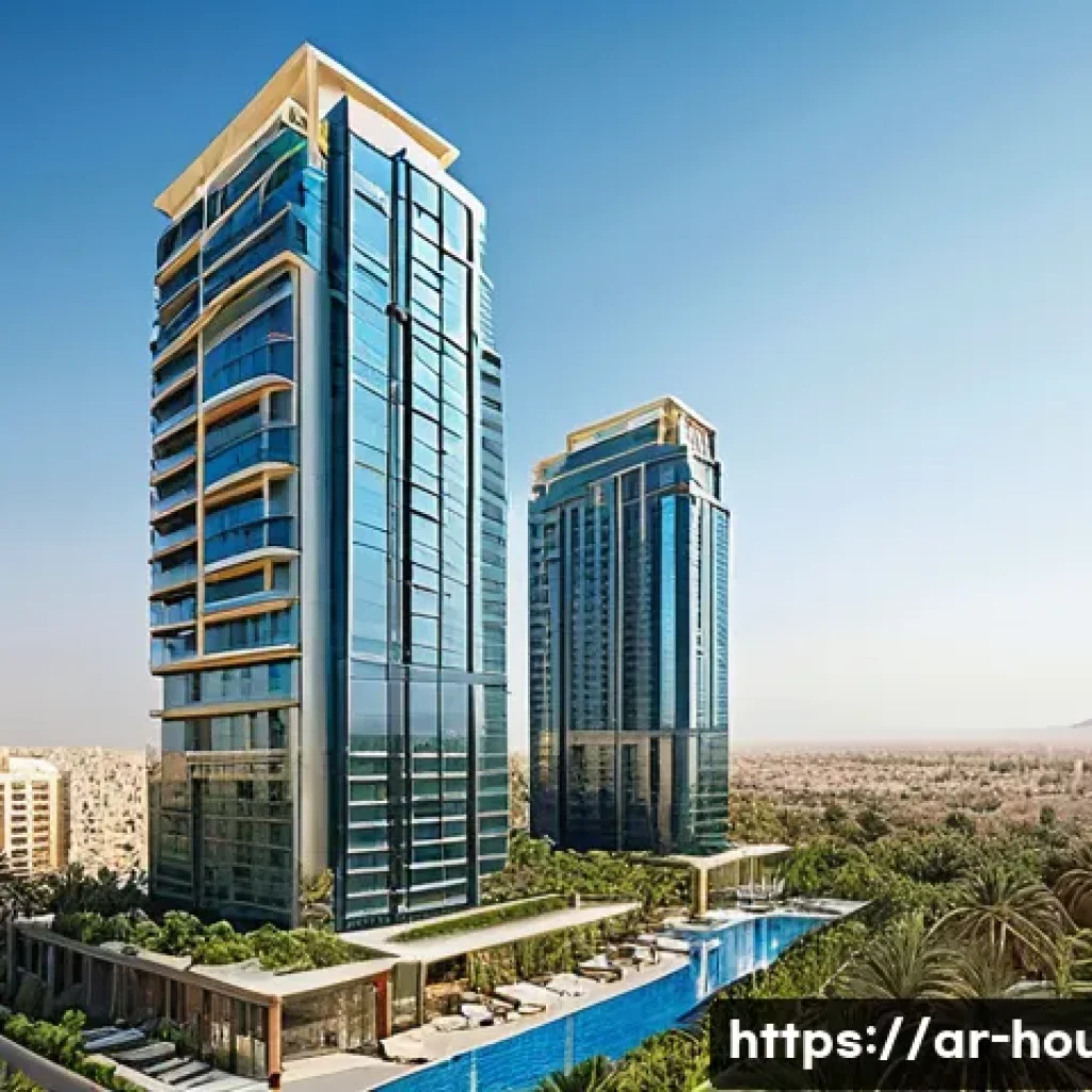 아파트 브랜드 가치 - A modern high-rise residential tower in a bustling Middle Eastern city, featuring sleek glass facade...