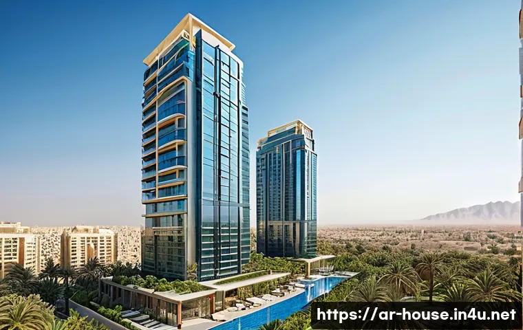 아파트 브랜드 가치 - A modern high-rise residential tower in a bustling Middle Eastern city, featuring sleek glass facade...
