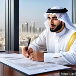 부동산 사기 사례와 예방 - A detailed digital illustration of an Arabic real estate agent showing a client official property do...