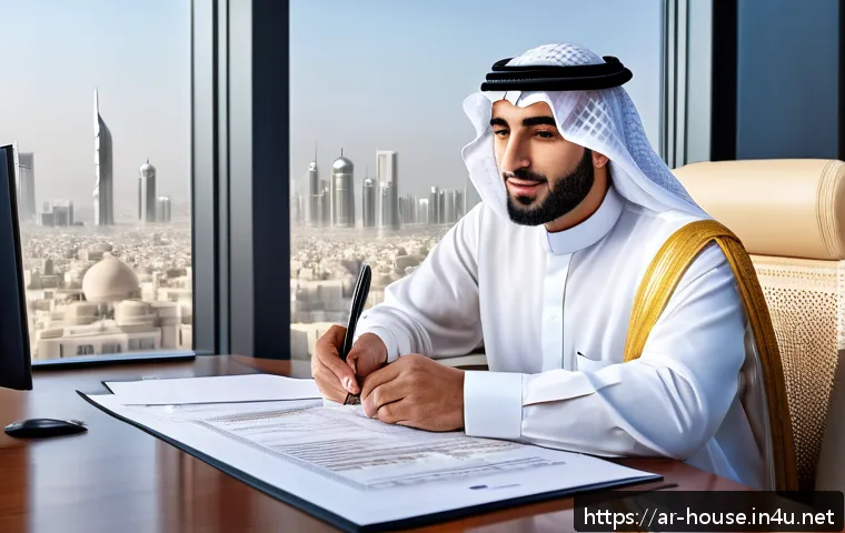부동산 사기 사례와 예방 - A detailed digital illustration of an Arabic real estate agent showing a client official property do...