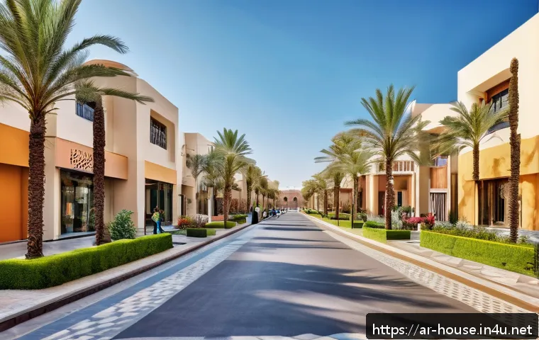아파트 단지 내 상가 - A vibrant residential complex entrance bustling with diverse Arab families and young professionals, ...
