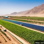 지분 공유 토지 활용법 - A detailed aerial view of a sustainable agricultural farm in a Middle Eastern landscape, showcasing ...