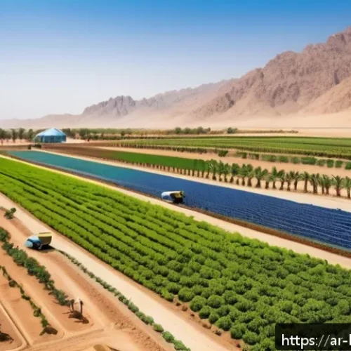 지분 공유 토지 활용법 - A detailed aerial view of a sustainable agricultural farm in a Middle Eastern landscape, showcasing ...