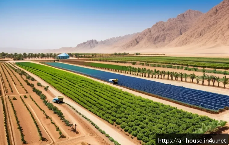 지분 공유 토지 활용법 - A detailed aerial view of a sustainable agricultural farm in a Middle Eastern landscape, showcasing ...