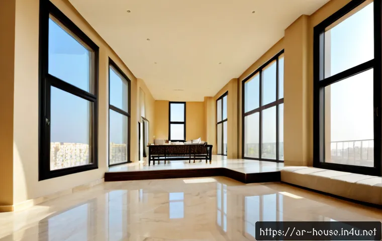 Home 17 복층 아파트 장단점 - Photorealistic modern duplex apartment in an upscale Arab city, bright double-height living room wit...